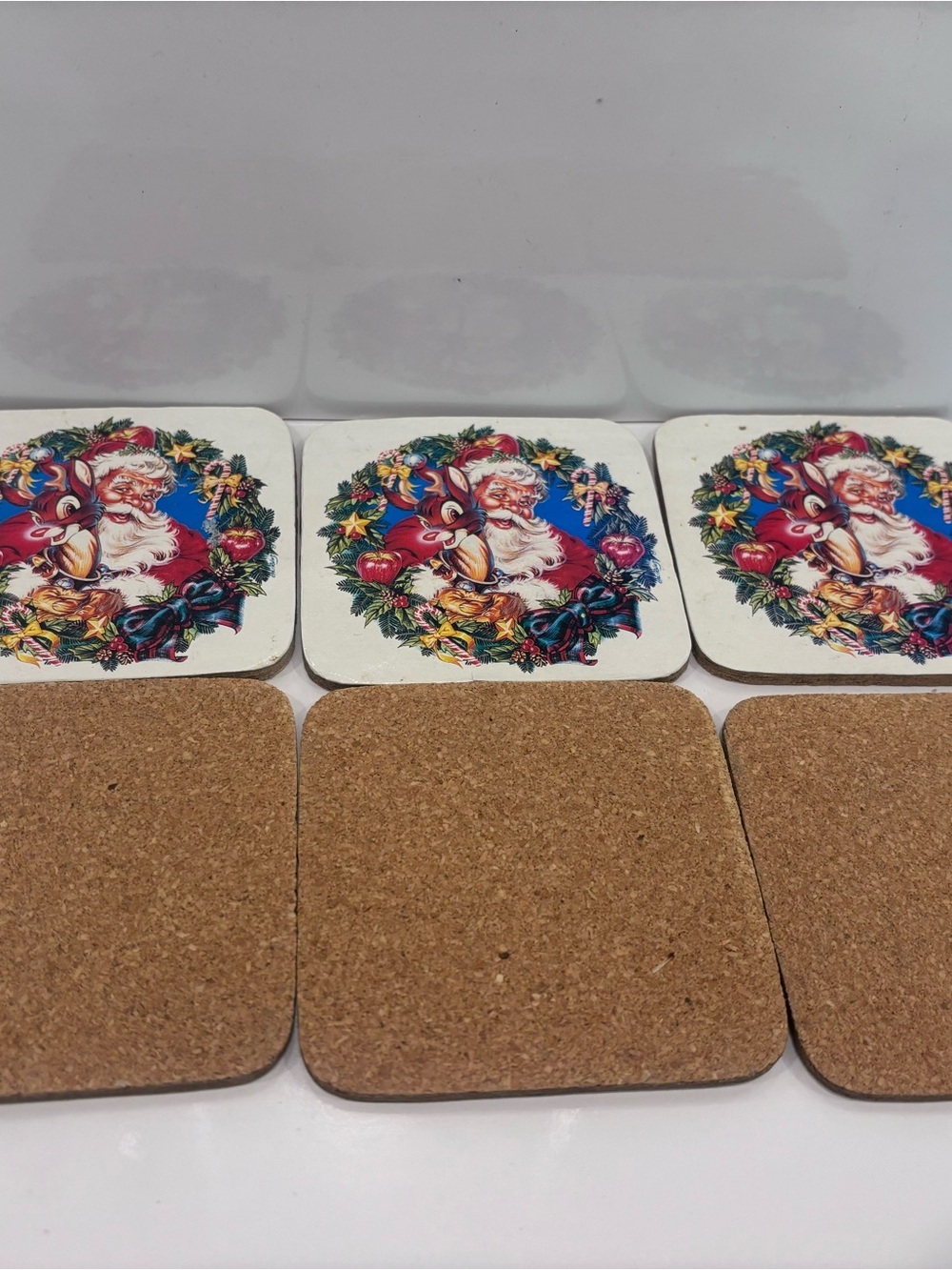 vintage santa  and Rudolph cork coaster set of 6-excellent condition 4x 4 inch - Picture 2 of 5